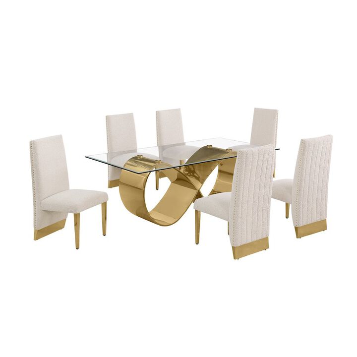 Best Quality Furniture 7Pc Tempered Glass Dining Set With 6 Cream Boucle Side Chairs And A Gold Base