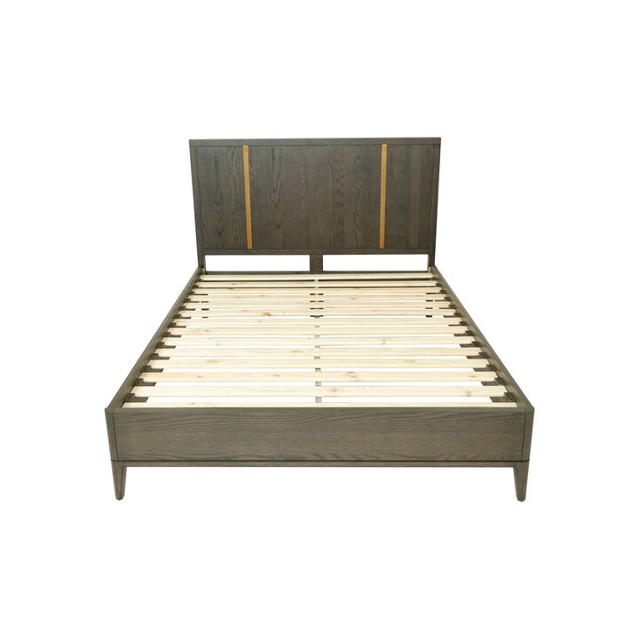 Cid Ohio King Size Platform Bed, Panel Headboard with Gold Accents, Brown - Benzara