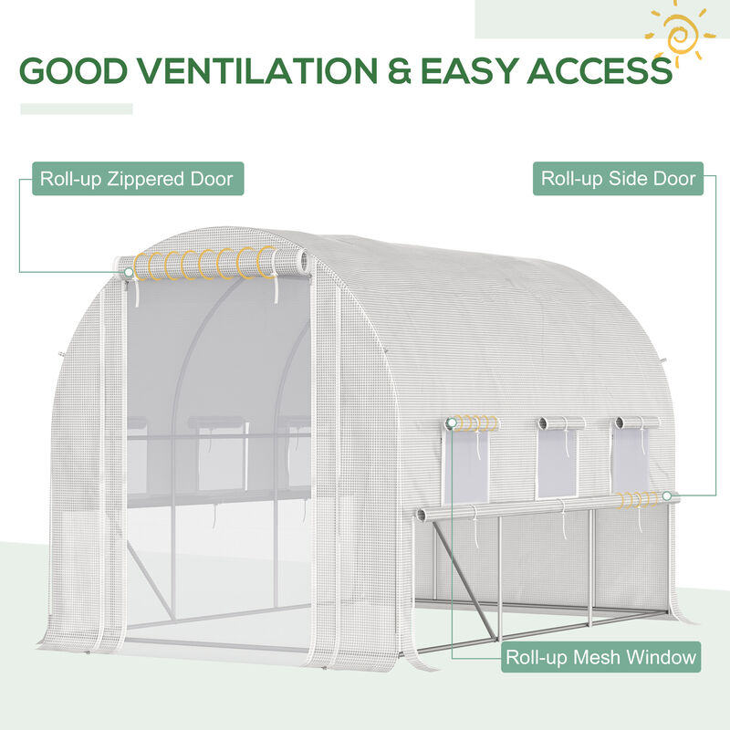 Outsunny 10' x 7' x 7' Walk-in Tunnel Greenhouse, Outdoor Plant Nursery with Anti-Tear PE Cover, Zipper Doors and Mesh Windows, White