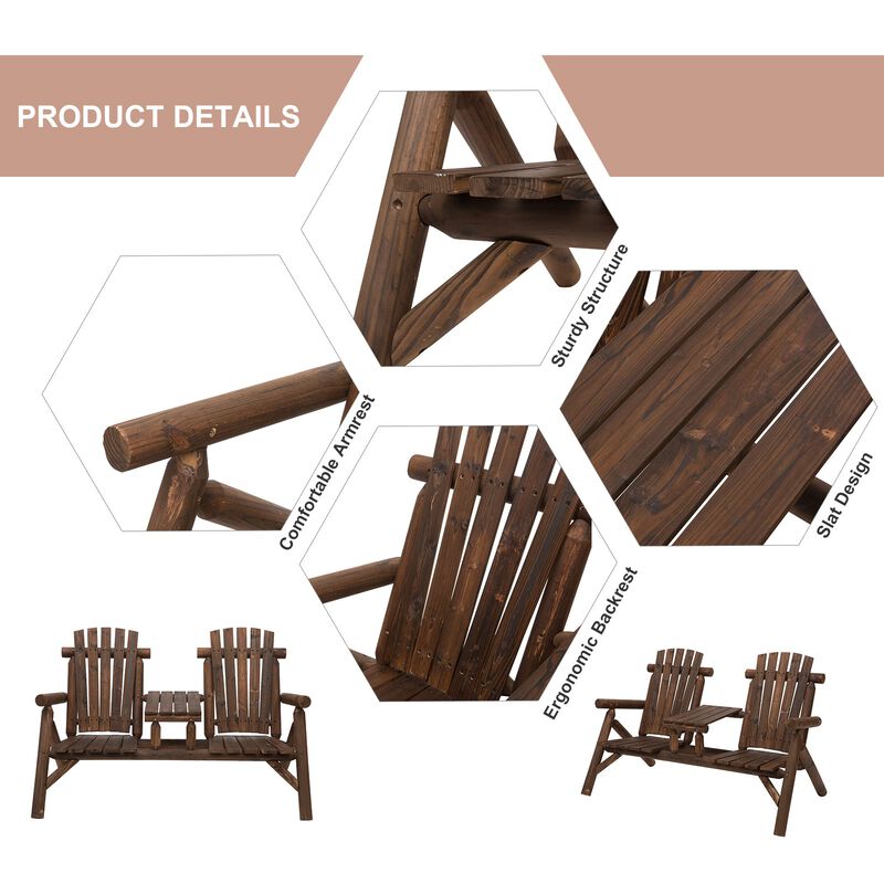 Carbonized Outdoor Duo: Wood Adirondack Chair Bench with Center Table