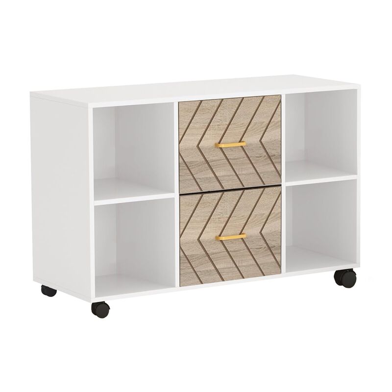 File Cabinet, 4 Storage Shelves, 2 Brown Drawers, Wheel Base 39 Inch - Benzara