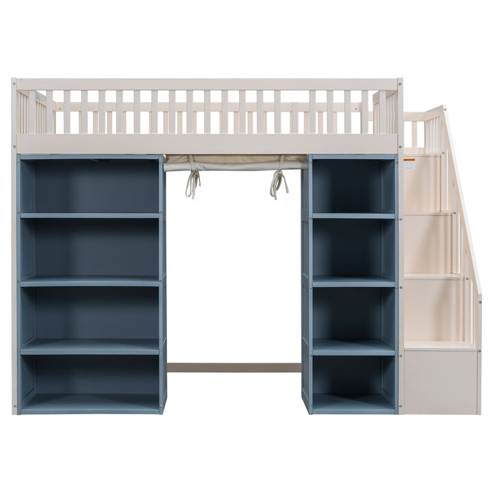 Merax Loft Bed with 2 Four-layer Storage Cabinets and Curtain
