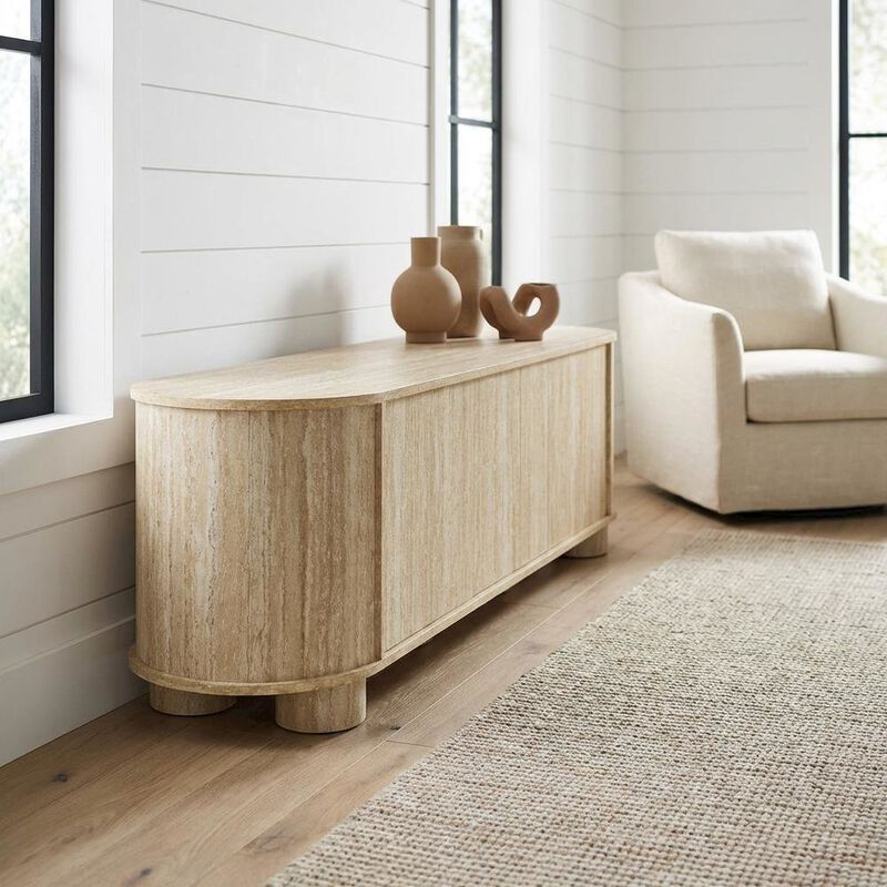 Gray Faux Travertine TV Stand with Solid Mango Construction image number 3