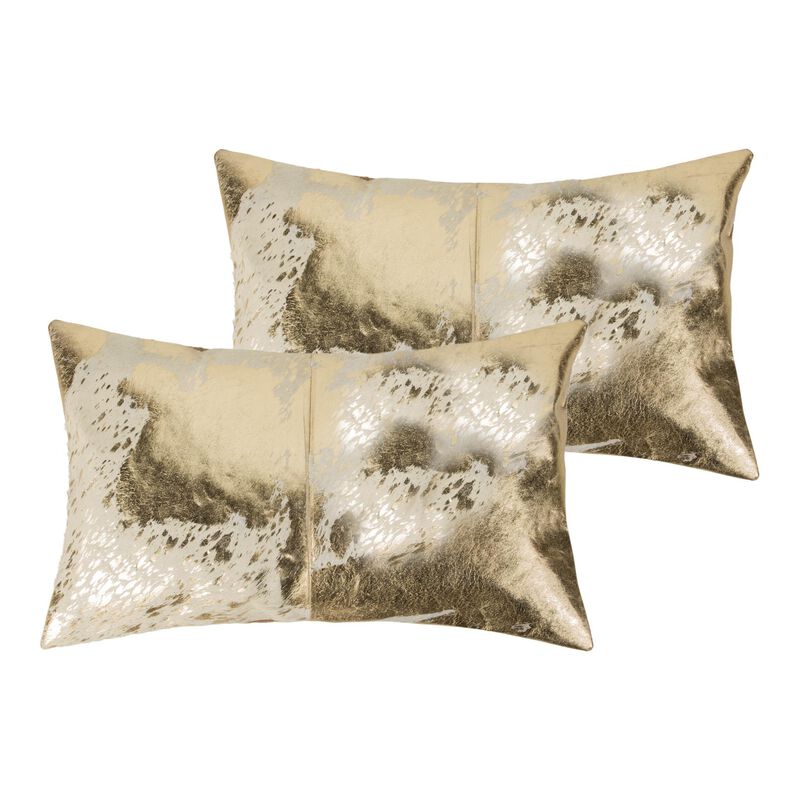 HomeRoots Set of Two 12" X 20" Natural And Gold Lumbar Cowhide Throw Pillows image number 0