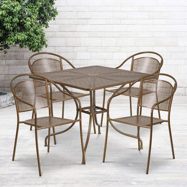 Flash Furniture Oia Commercial Grade 35.5" Square Gold Indoor-Outdoor Steel Patio Table Set with 4 Round Back Chairs