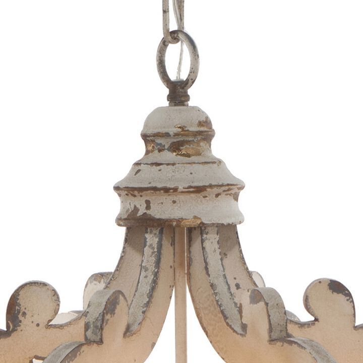 Aki 21 Inch 6 Light Chandelier, Carved Wood Frame, Classic, Vintage, White - Benzara