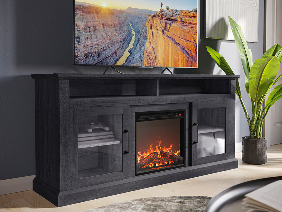 BELLEZE Modern 60" Traditional TV Stand with 18" Electric Fireplace Heater & Media Entertainment Center Console Table for TV up to 65" with Open Storage Shelves & Cabinets - Cayman