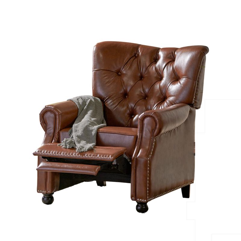 Recliner Chair, Turned Legs, Light Brown Button Tufted Faux Leather - Benzara