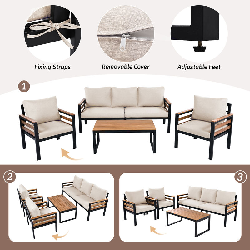 Whisen 4-Piece Outdoor Furniture Sofa Set, Patio Conversation Set with Removable Cushion and Solid Wood Coffee Table image number 3