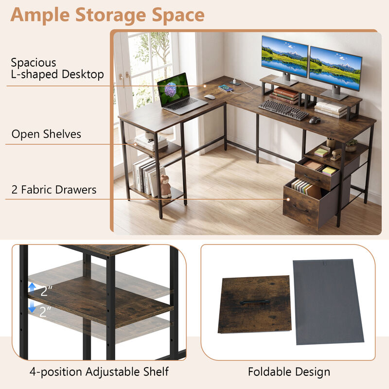 Reversible L Shaped Office Desk with Built-in Power Outlet and Monitor Shelf Workstation-Rustic Brown image number 4