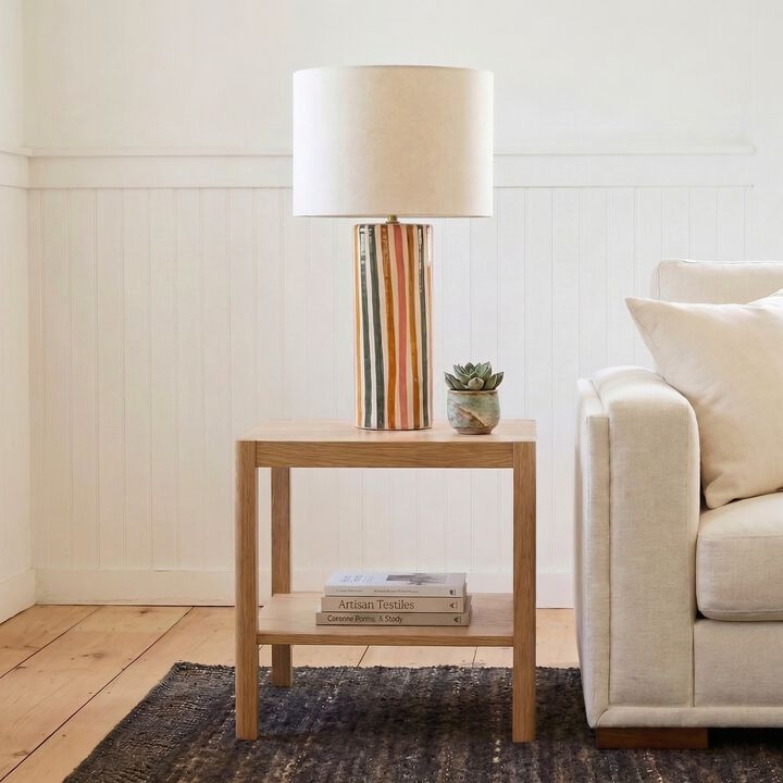 Multicolor Stripe Stoneware Table Lamp with Linen Shade