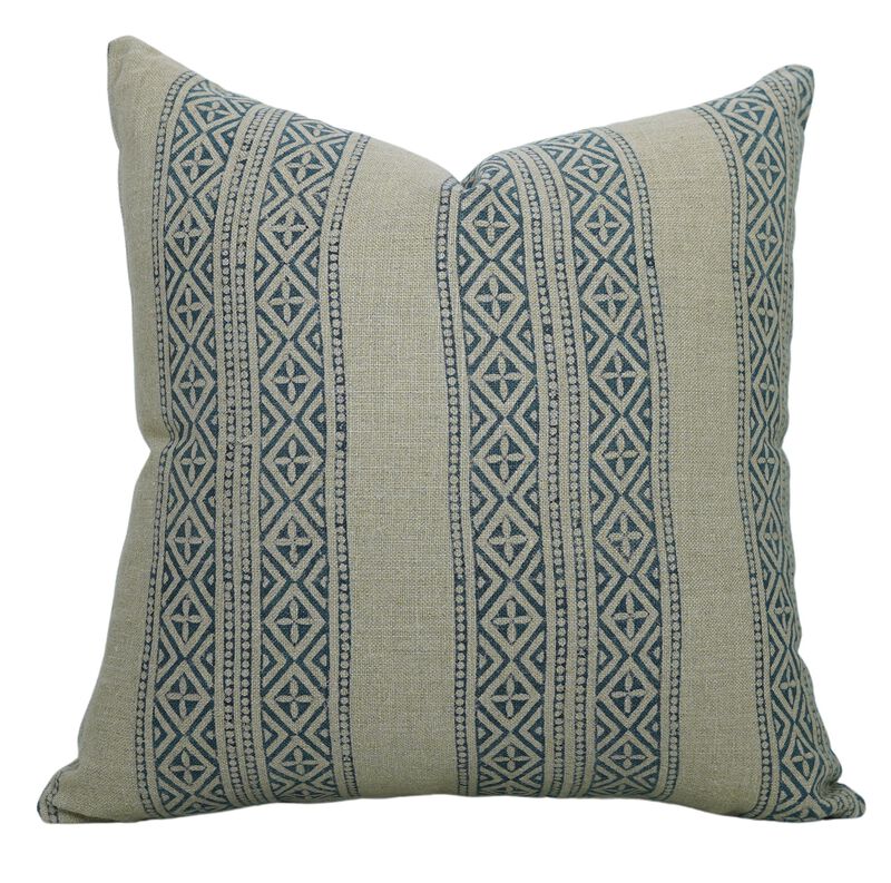 Fabdivine Boho Vintage Geometrical Heavy Linen Lumbar Pillow Cover, Handmade Block Print Home D&eacute;cor Accent Blue, Kajukatli image number 0