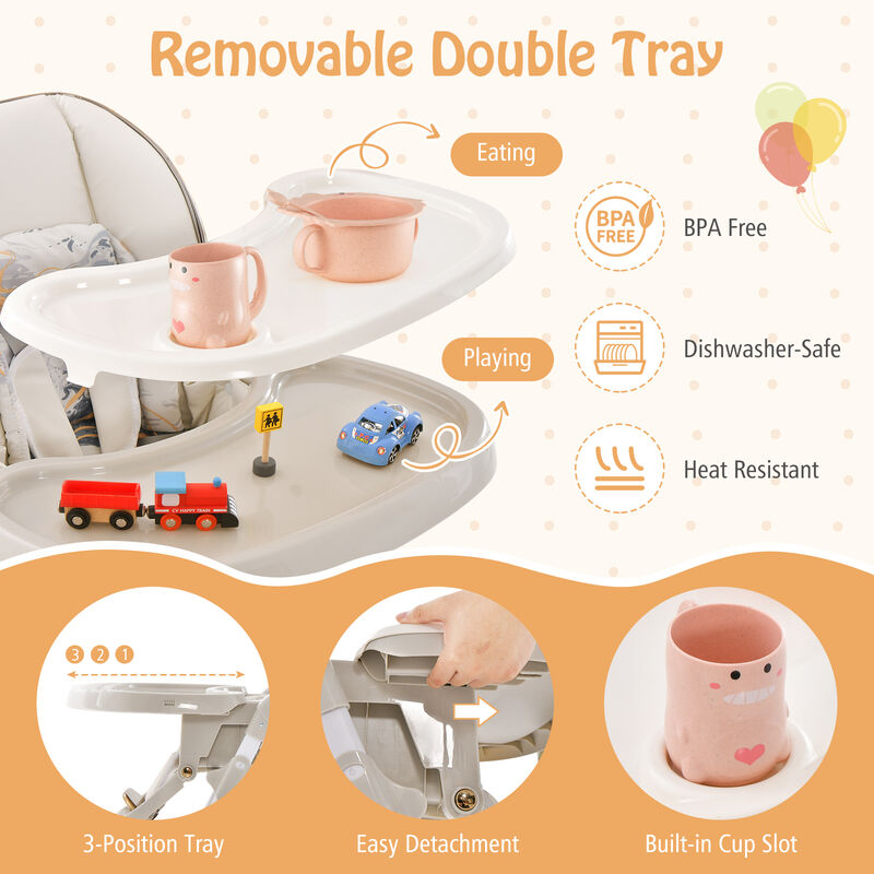 Folding Baby Dining High Chair with Adjustable Height and Recline-Gray