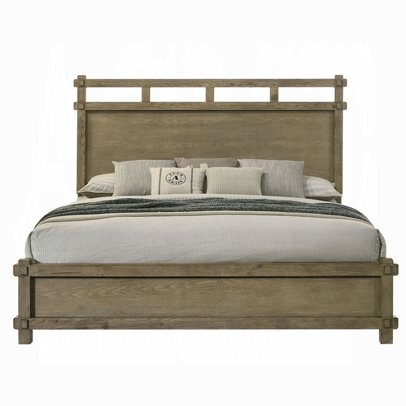 Cera Queen Size Bed, Panel Headboard with Top Rails, Antique Oak Brown image number 2