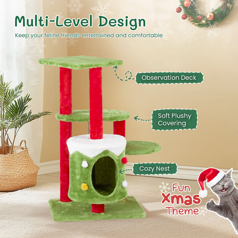 Christmas-Themed Cat Tower with Cozy Cat Condo Festive Playhouse for Cats