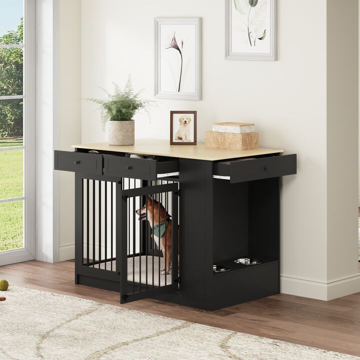 Wooden Heavy-Duty Dog House Crate, Decorative Dog Kennel Furniture Dog Cage with Three Drawers and Dog Bowls, Black