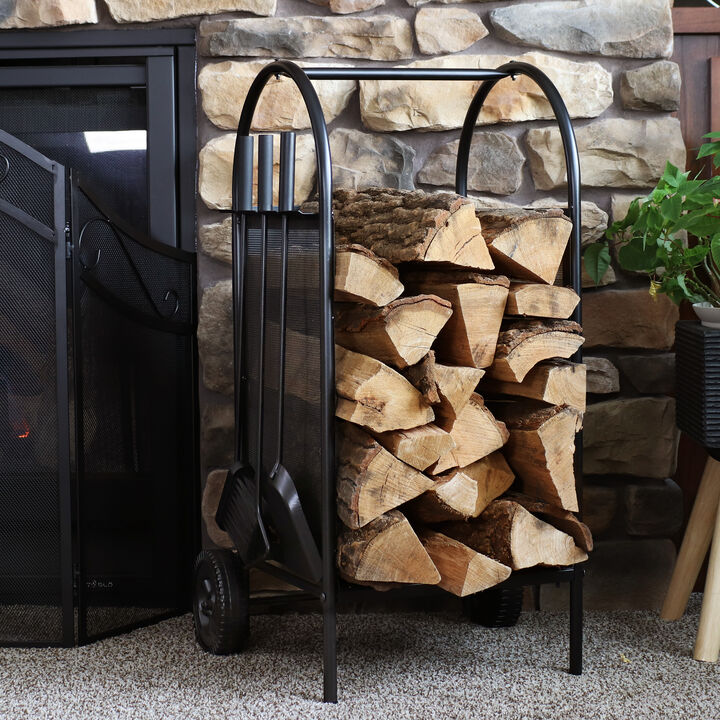 Sunnydaze 4-Piece Steel Firewood Log Rack Cart with Fireplace Tools