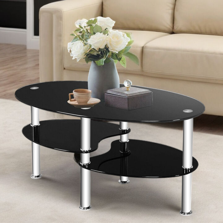 Hivvago Modern Black Tempered Glass Coffee Table with Bottom Shelf