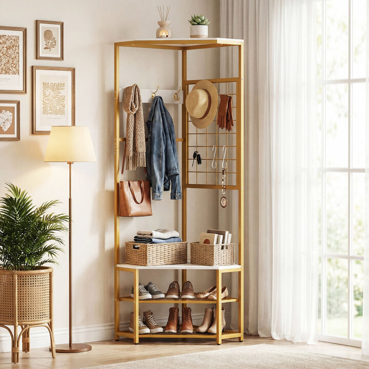 Corner Hall Tree with Coat Rack, Storage Shelves, and Removable Hooks-White