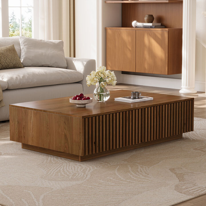 Whisen 47" Mid-Century Modern Solid Wood Coffee Table with Slatted Storage Drawers, Low Profile Rectangular Center Table for Living Room