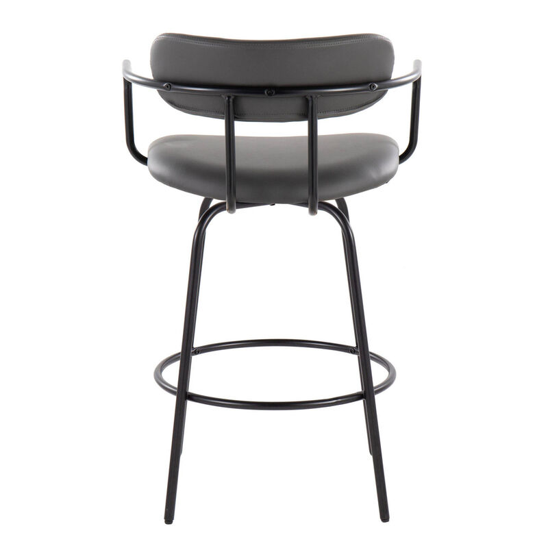 Lumisource Demi 26" Contemporary Fixed-Height Counter Stool with Swivel in Black Metal and Grey Faux Leather with Round Black Metal Footrest - Set of 2