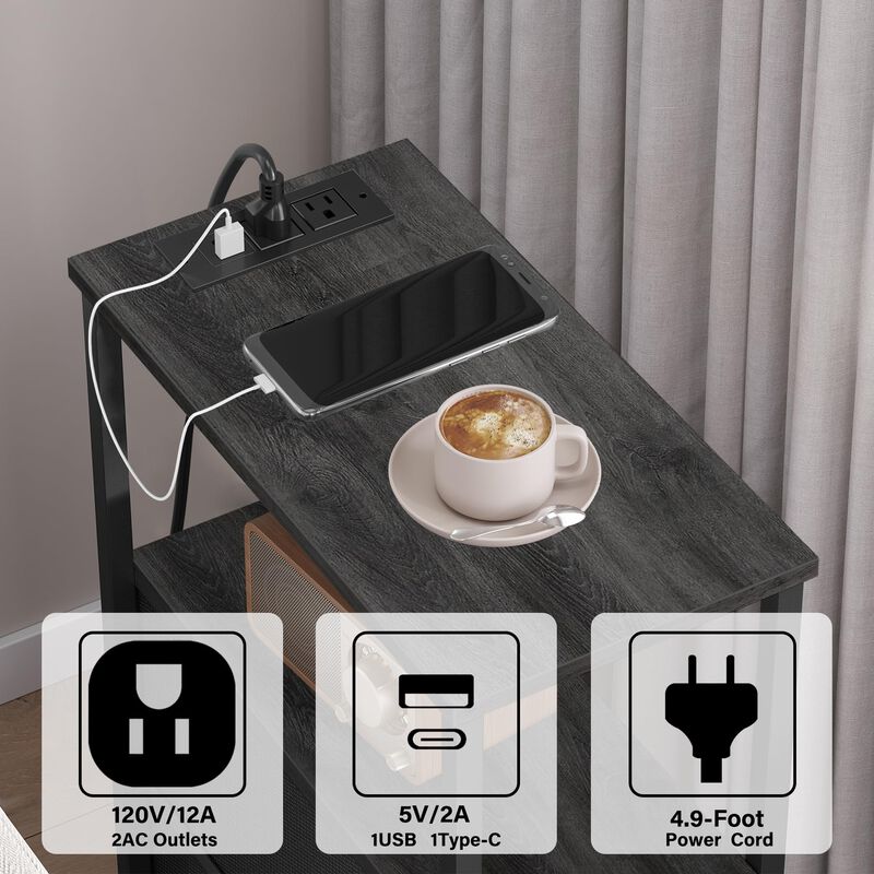 TUTOTAK Small Narrow LED End Table with Charging Station, Side Table Outlets, Nightstand with 2 Cloth Drawers, Set of 2, Couch T