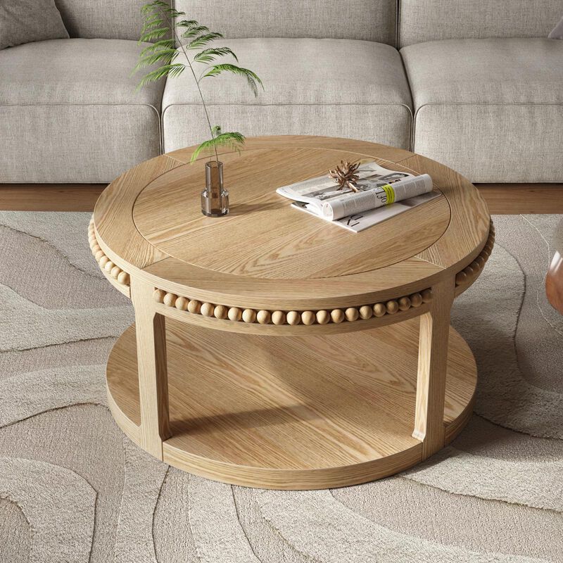 31.5" Rustic Solid Wood Round Coffee Table with 2-Tier Storage Shelf, Modern Farmhouse Accent Table for Living Room image number 3
