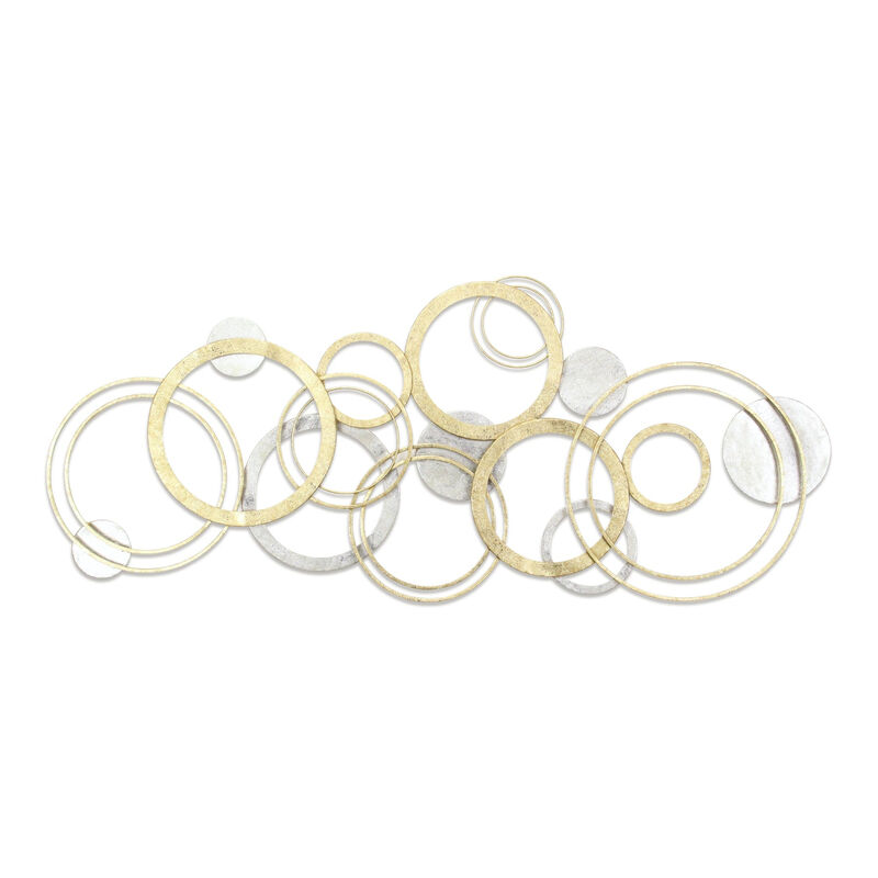 HomeRoots 18" X 44" Gold And Silver Geometric Metal Round Discs Hanging Dimensional Sculpture image number 0