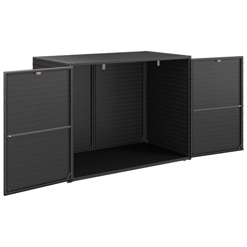 Outdoor Storage Cabinet, Solid Acacia Wood, 39 Inch Black PE Rattan - Benzara