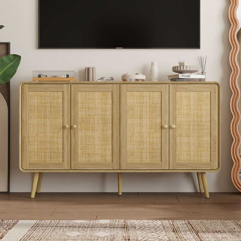 FUFU&GAGA Rattan Sideboard, Modern Buffet Cabinet with 4 Doors, Gold Handles & Solid Wood Legs, Storage Cabinet for Dining Room, Living Room & Entryway (55.1" W x 32.1" H x 13.9" D), Natural Wood