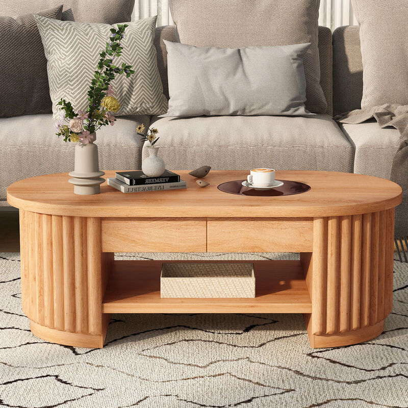 Merax Fluted Oval Coffee Table with 2 Pull-Out Side Drawers, Heat/Scratch-Resistant Glass Insert image number 2