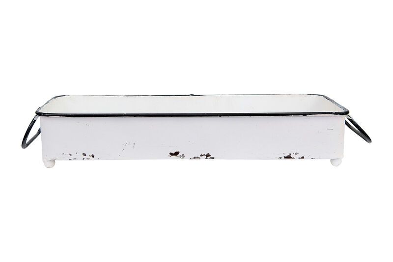 Decorative Metal Tray with 2 Handles and Distressed Enamel Finish, White and Black image number 0