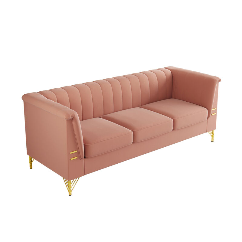 FX-P82-PK(SOFA)-Modern Designs Velvet Upholstered Living Room Sofa, 3 Seat Sofa Couch with Golden Metal Legs for Home, Apartment or Office Pink SOFA