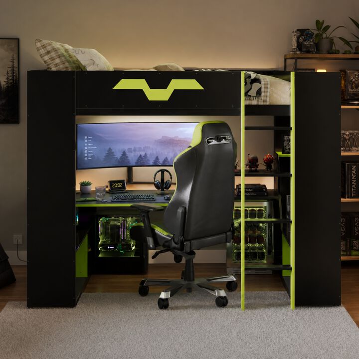 Whisen Full Size Loft Bed with RGB Lights, Power Outlet & Shelves, Wood Gaming Desk for Bedroom