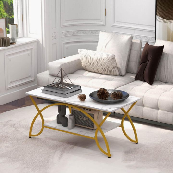Hivvago 2-Tier Faux Marble Coffee Table with Marble Top and Metal Frame