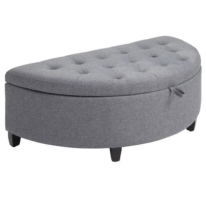 Foldable Tufted Linen Storage Seat Semicircle Footrest Box w/ Legs Lift Top