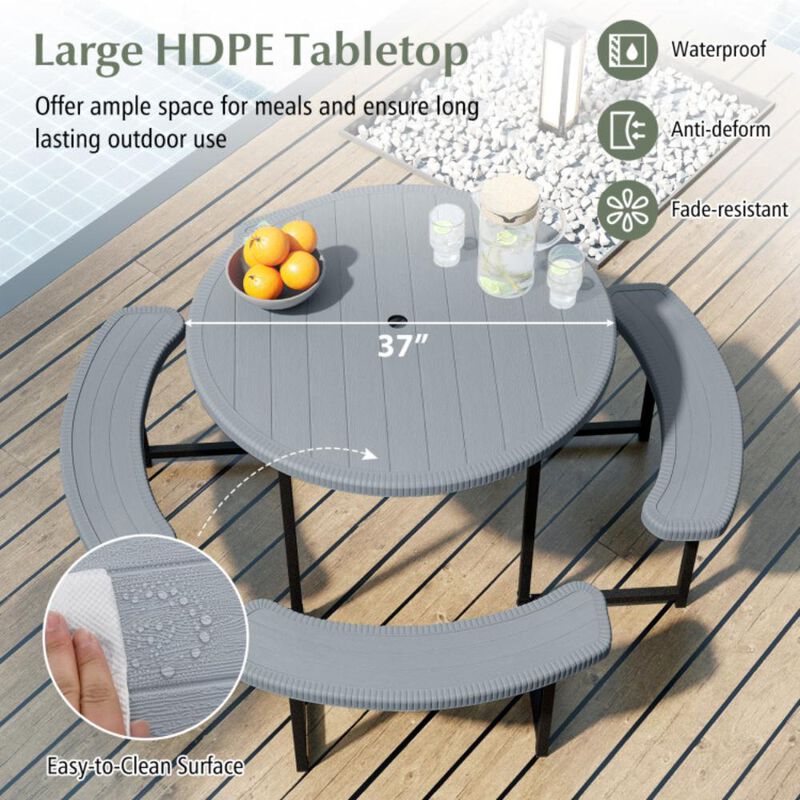 Hivvago Round Picnic Table Bench Set with 4 Benches and Umbrella Hole for Patio Lawn