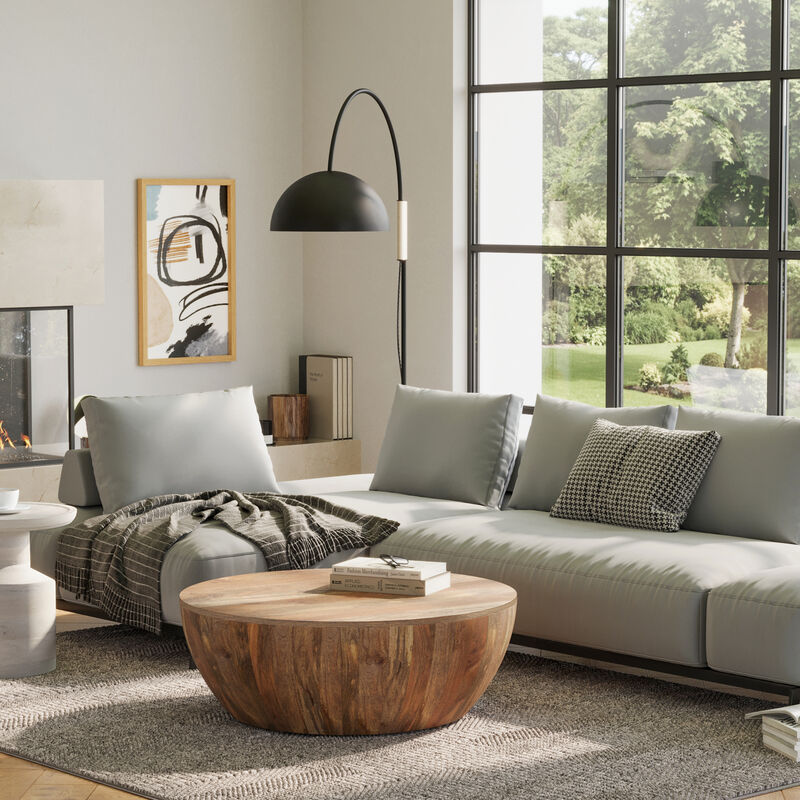 Elmbrook 34 inch Wide Solid Mango Modern Industrial Drum Coffee Table in Natural, Assembled