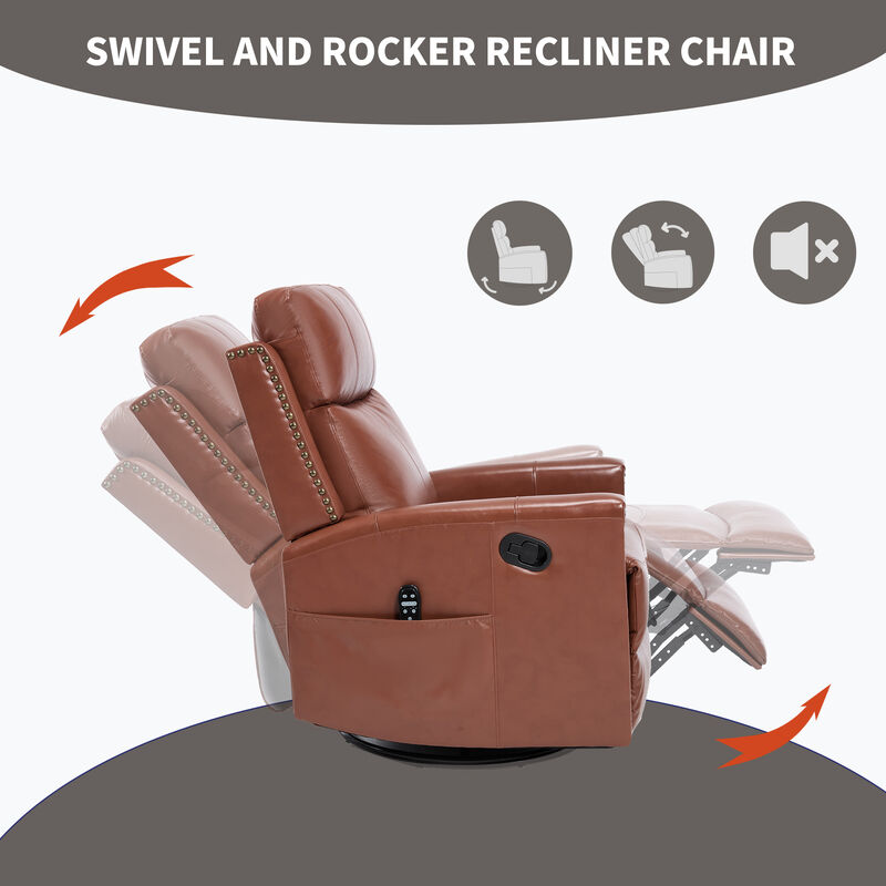 Gnuine Leather Heat Massage Manual Recliner Chair with Rocker and Swivel image number 7