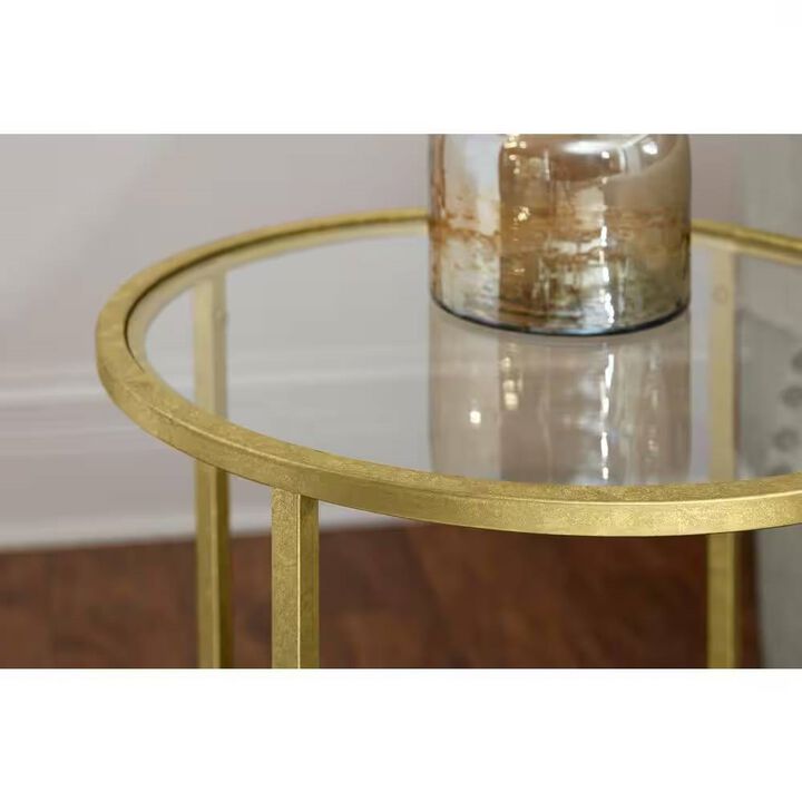 Round Accent Side Table Metal Glass Top Bottom Shelf End Table
