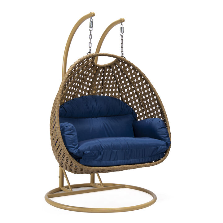 LeisureMod Mendoza Light Brown Wicker Hanging 2 person Egg Swing Chair Removable Cushion With Iron Base