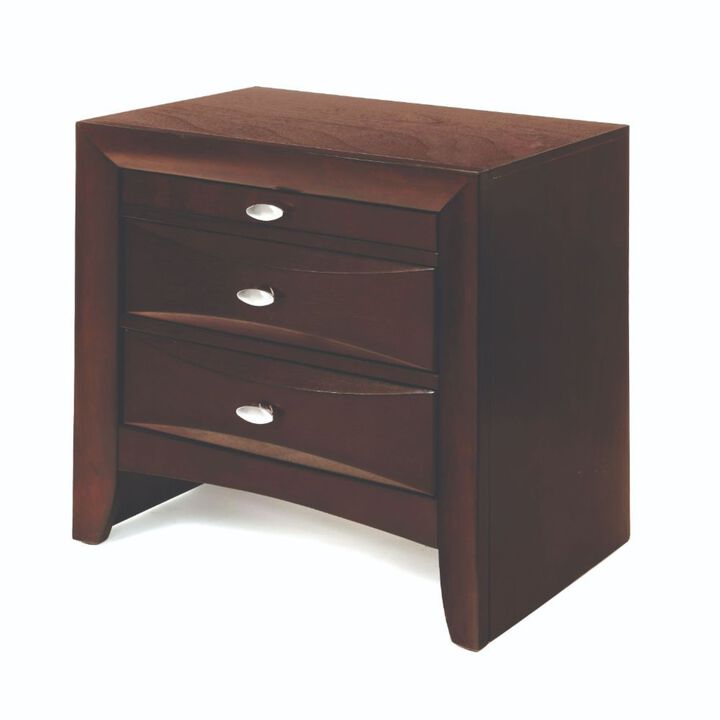 Contemporary Style Wooden Nightstand with Three Drawers and Metal Knobs, Brown-Benzara