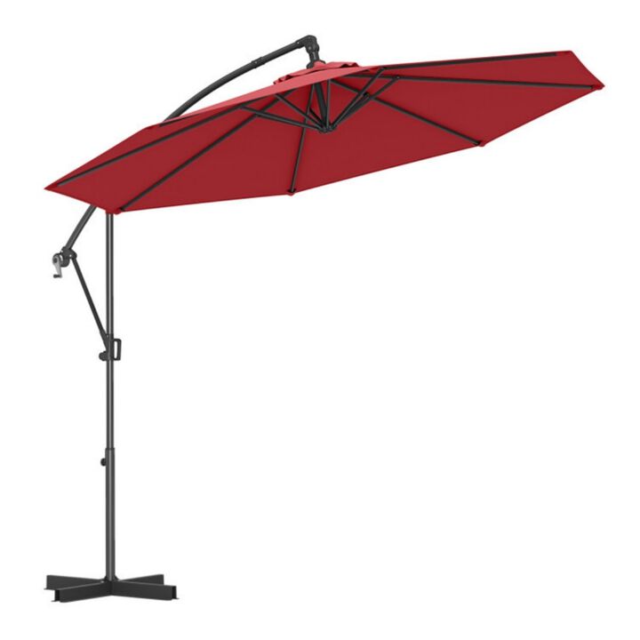 10 Feet Offset Hanging Umbrella with Base and Infinite Tilt-Wine