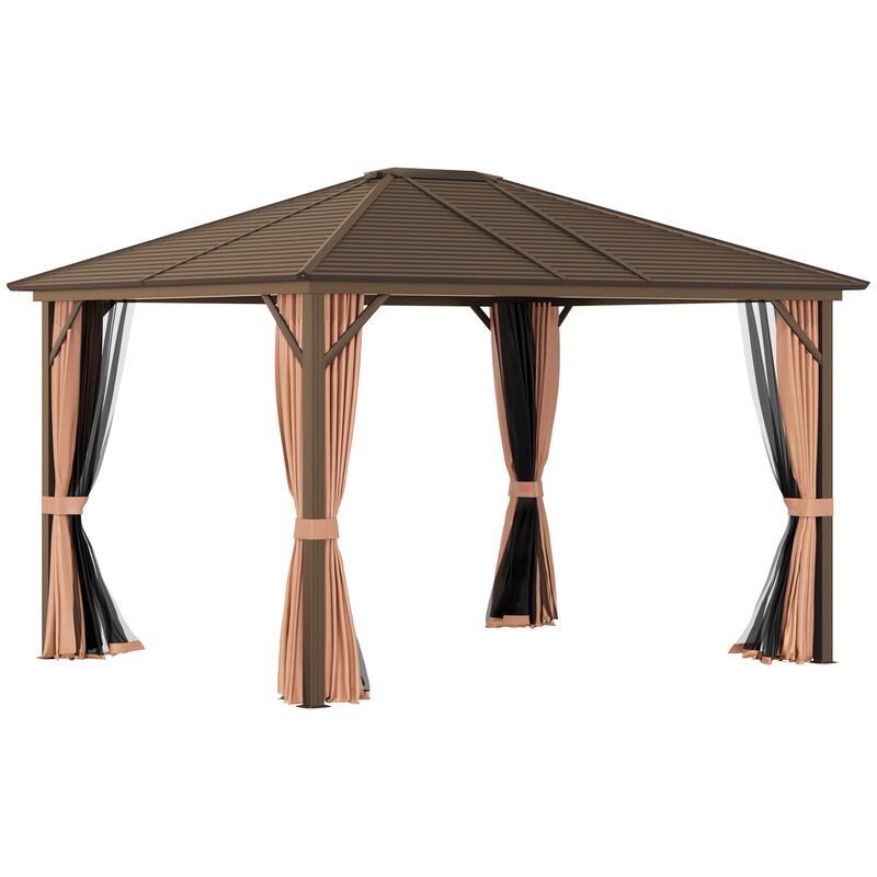Enduring Garden Sanctuary: 10'x12' Brown-Roofed Metal Gazebo with Netting