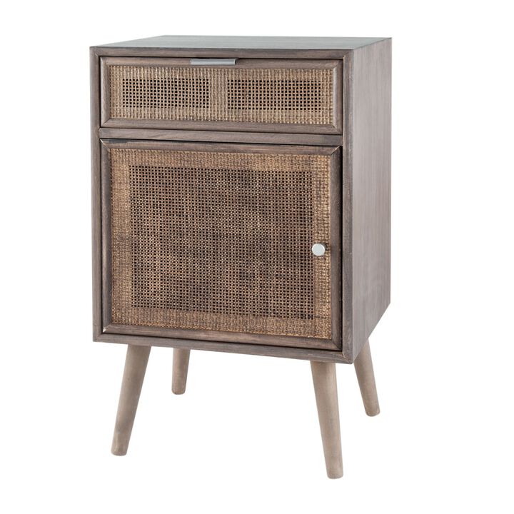 Pia 28 Inch Accent Cabinet, 1 Drawer, Pine Wood, Woven Rattan Door, Brown - Benzara