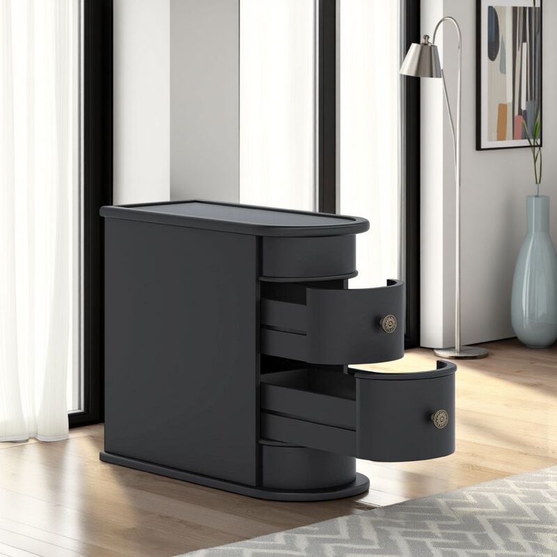 Side End Table, C Black Frame, Silver Metal Knobs 2 Drawer, 24 Inch