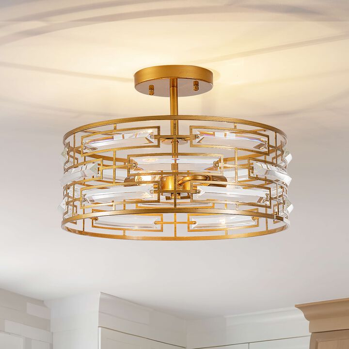 Ariel 3-Light Drum Shade Clear Glass Prism Flush Mount - Medium‑gloss Brushed Brass Finish