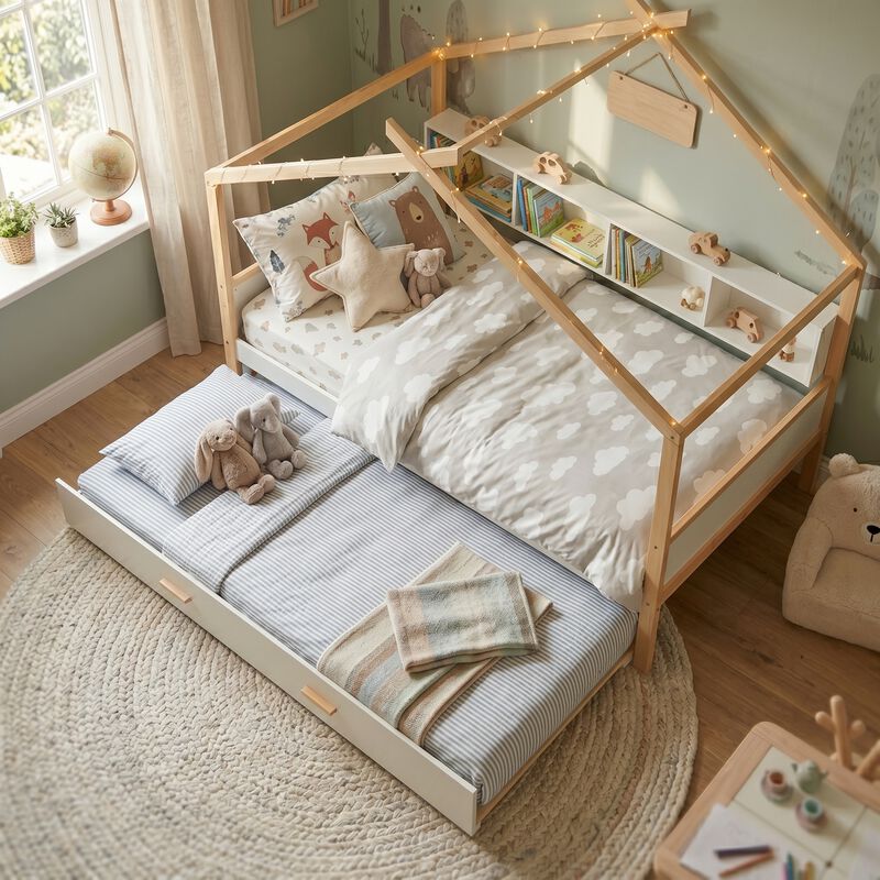 Merax win House-Shaped Kids Bed with Pull-Out Trundle, 4 Built-In Bookshelves image number 3
