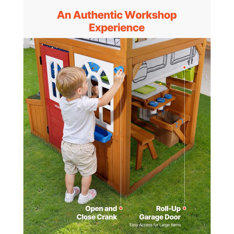 Outdoor Kids Playhouse with Doorbell, Storage Pocket and Gravity Wall Set-Brown image number 5