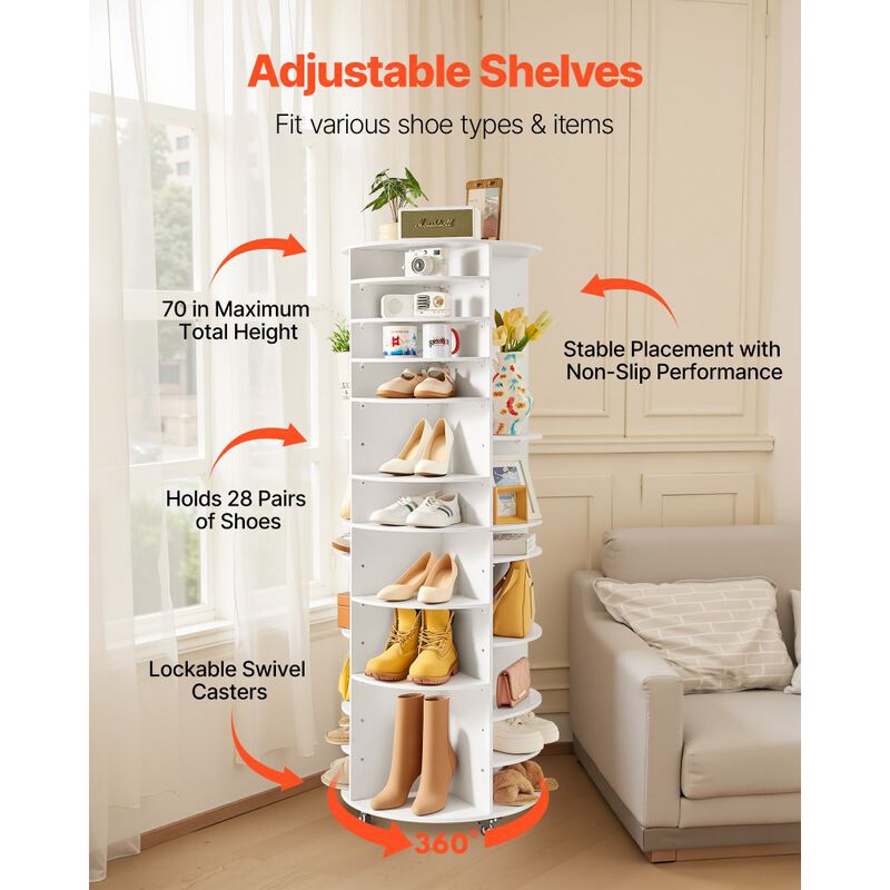 7 Tier Rotating Shoe Rack Tower with Adjustable Shelves and Wheels - White image number 4